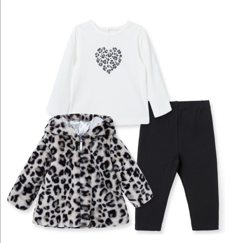 Little Me girls faux fur jacket & shirt grey black leopard print 18 months